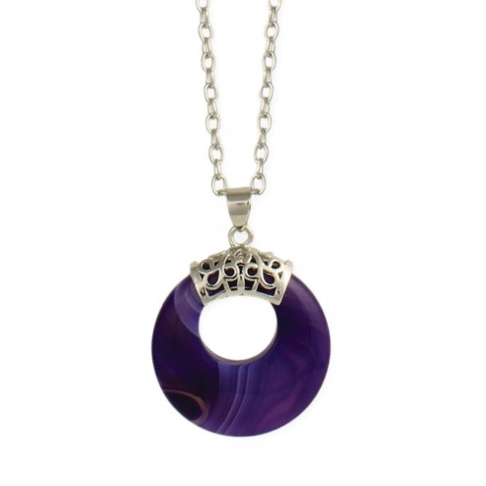Amethyst & Silvertone Disk Pendant Necklace